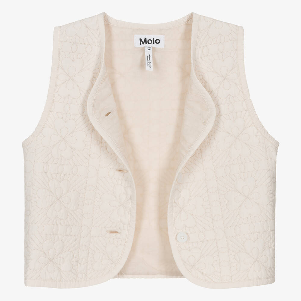 Molo-Girls Ivory Embroidered Floral Cotton Gilet  | Childrensalon Outlet