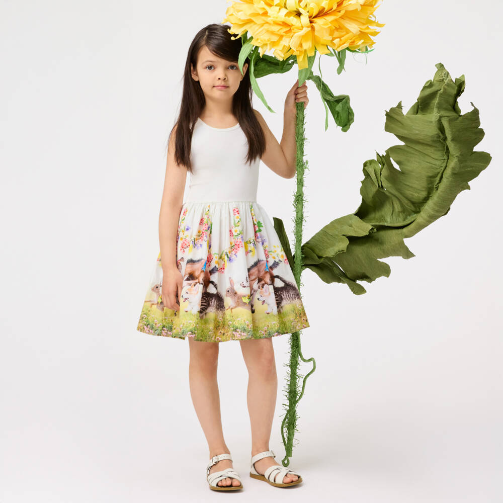 Molo-Girls Ivory Fauna Print Cotton Dress | Childrensalon Outlet
