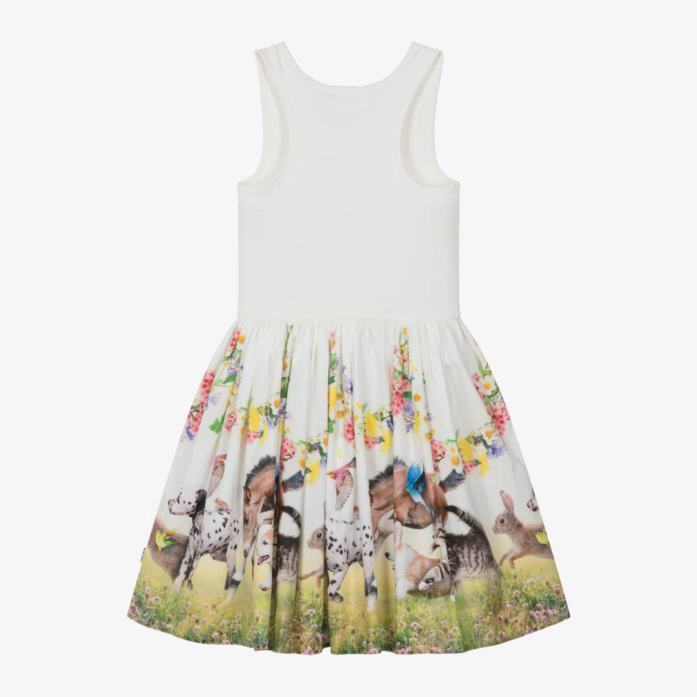 Molo-Girls Ivory Fauna Print Cotton Dress | Childrensalon Outlet