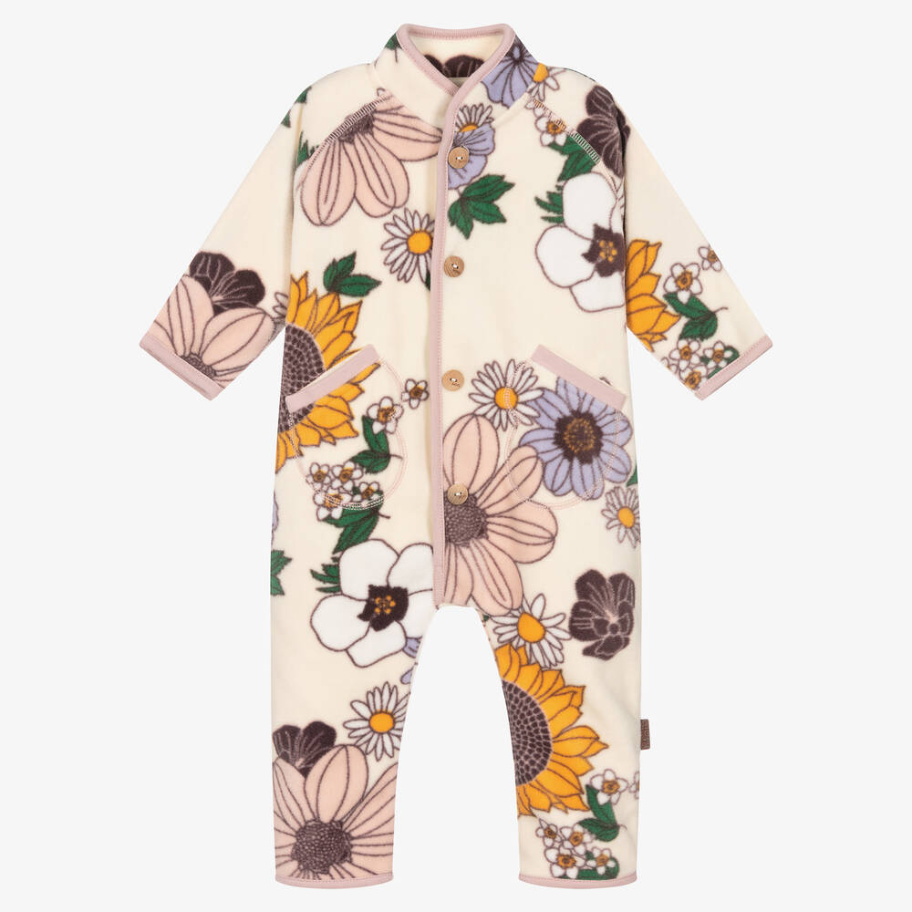 Molo - Girls Ivory Fleece Floral Print Pramsuit | Childrensalon