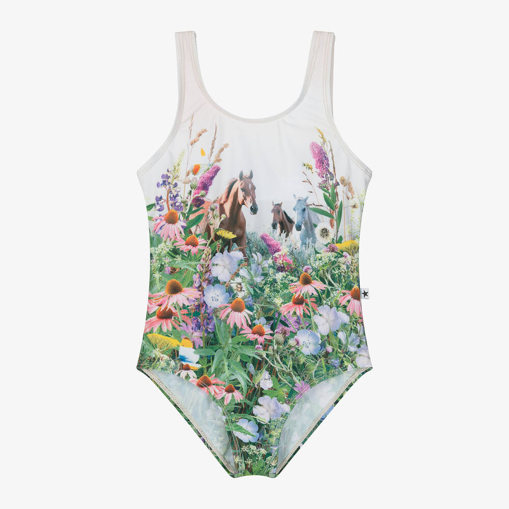 Molo-Girls Ivory Horse & Floral Print Swimsuit (UPF50+) | Childrensalon Outlet