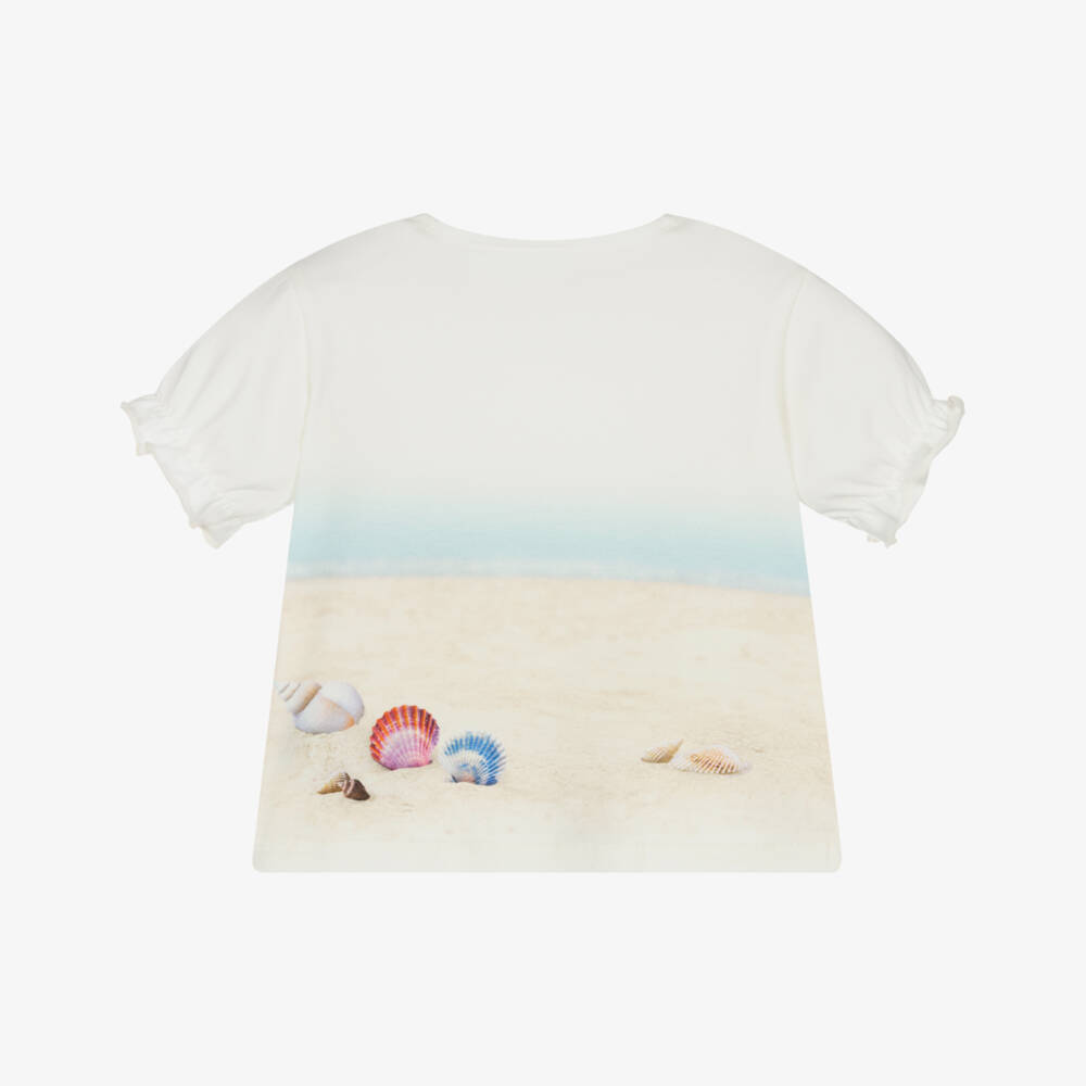 Molo-Girls Ivory Organic Cotton Beach Puppy T-Shirt | Childrensalon Outlet