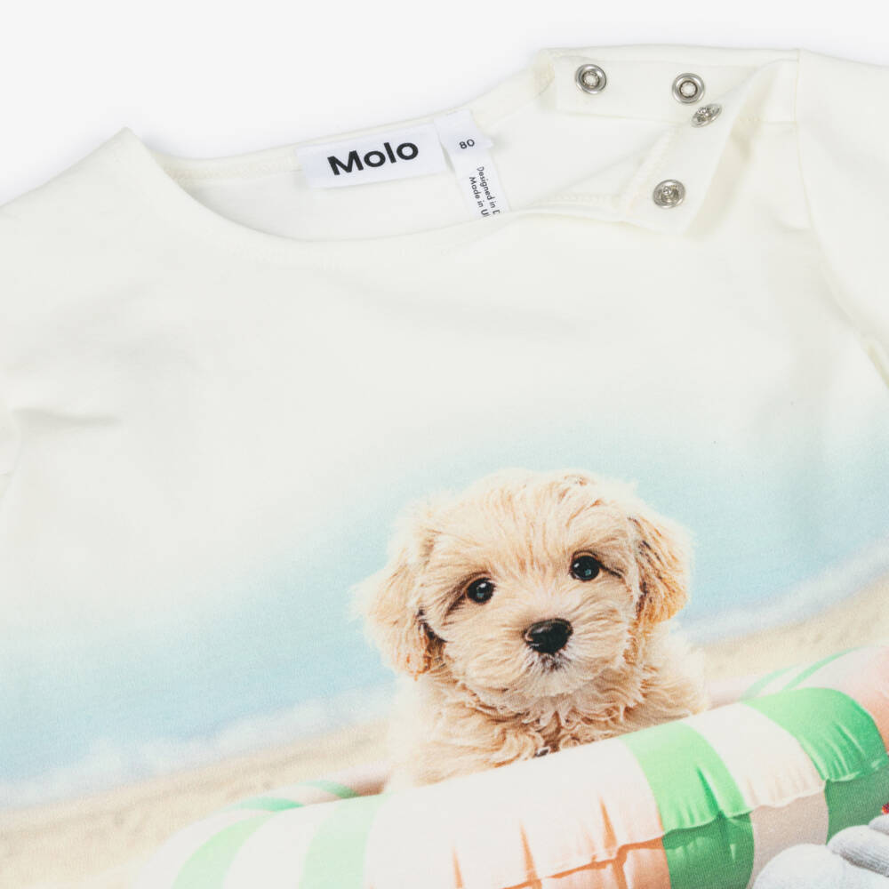Molo-Girls Ivory Organic Cotton Beach Puppy T-Shirt | Childrensalon Outlet