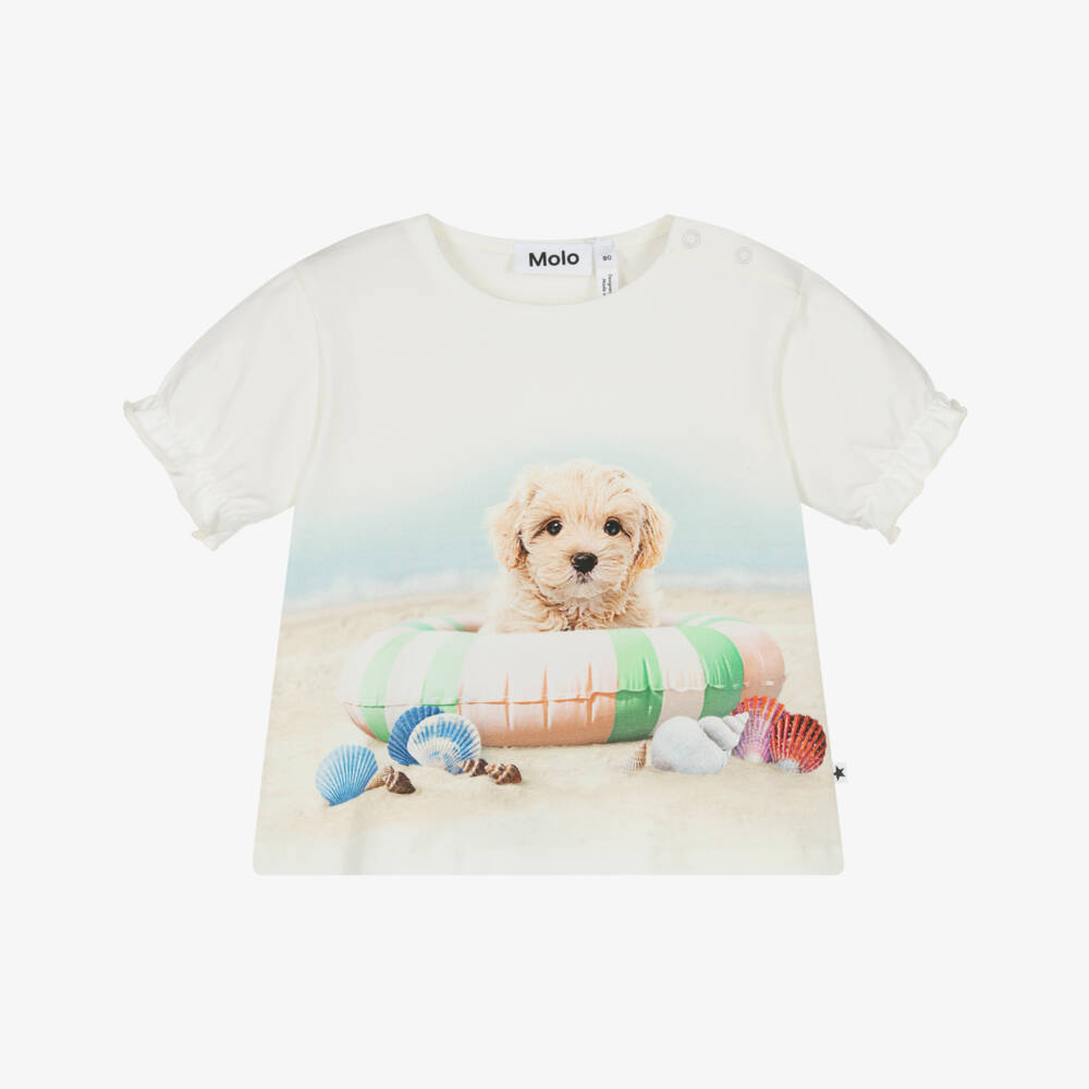 Molo-Girls Ivory Organic Cotton Beach Puppy T-Shirt | Childrensalon Outlet