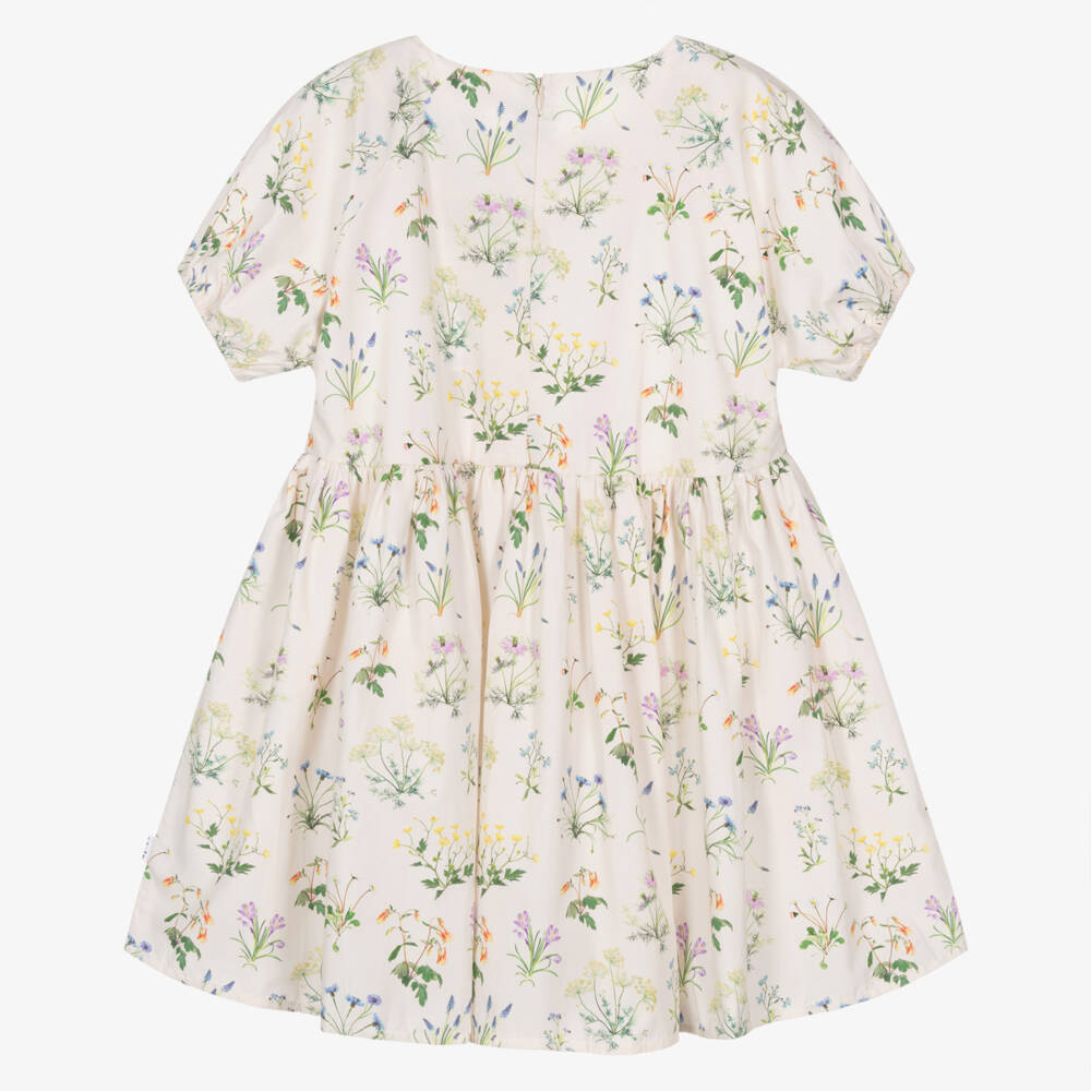 Molo-Girls Ivory Organic Cotton Dress with Floral Illustration | Childrensalon Outlet