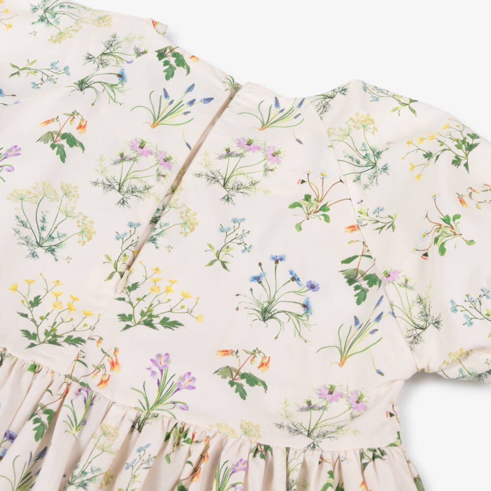Molo-Girls Ivory Organic Cotton Dress with Floral Illustration | Childrensalon Outlet
