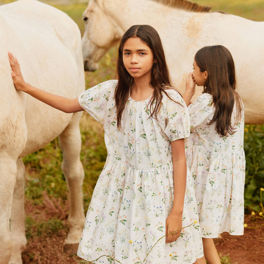 Molo-Girls Ivory Organic Cotton Dress with Floral Illustration | Childrensalon Outlet