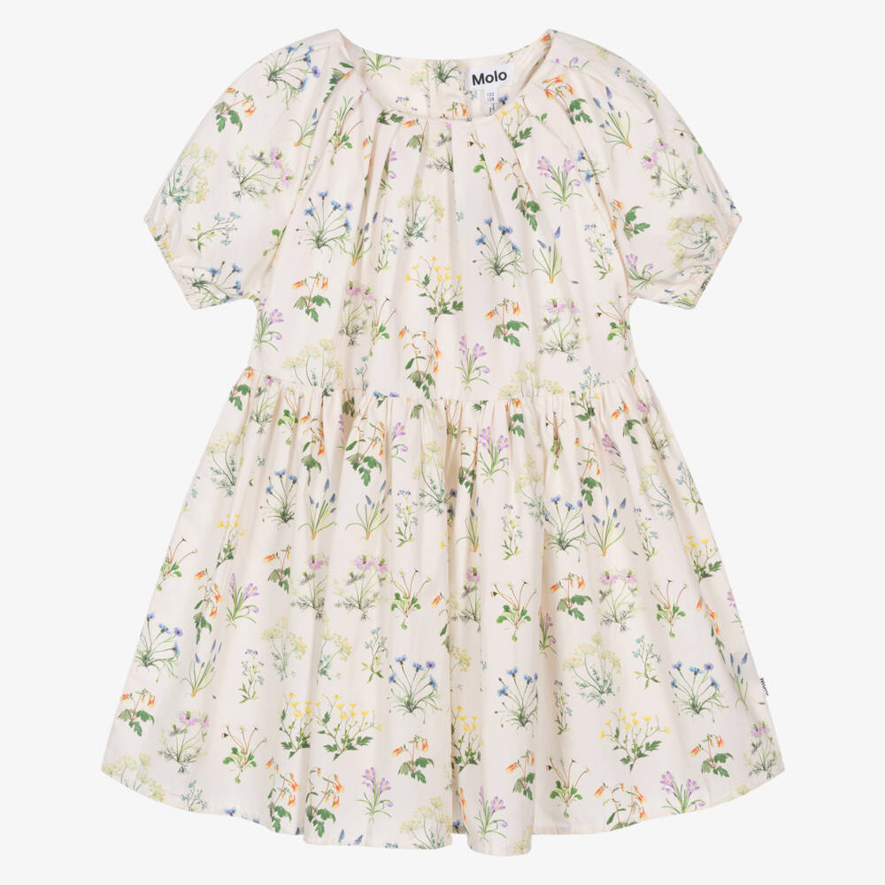 Molo-Girls Ivory Organic Cotton Dress with Floral Illustration | Childrensalon Outlet