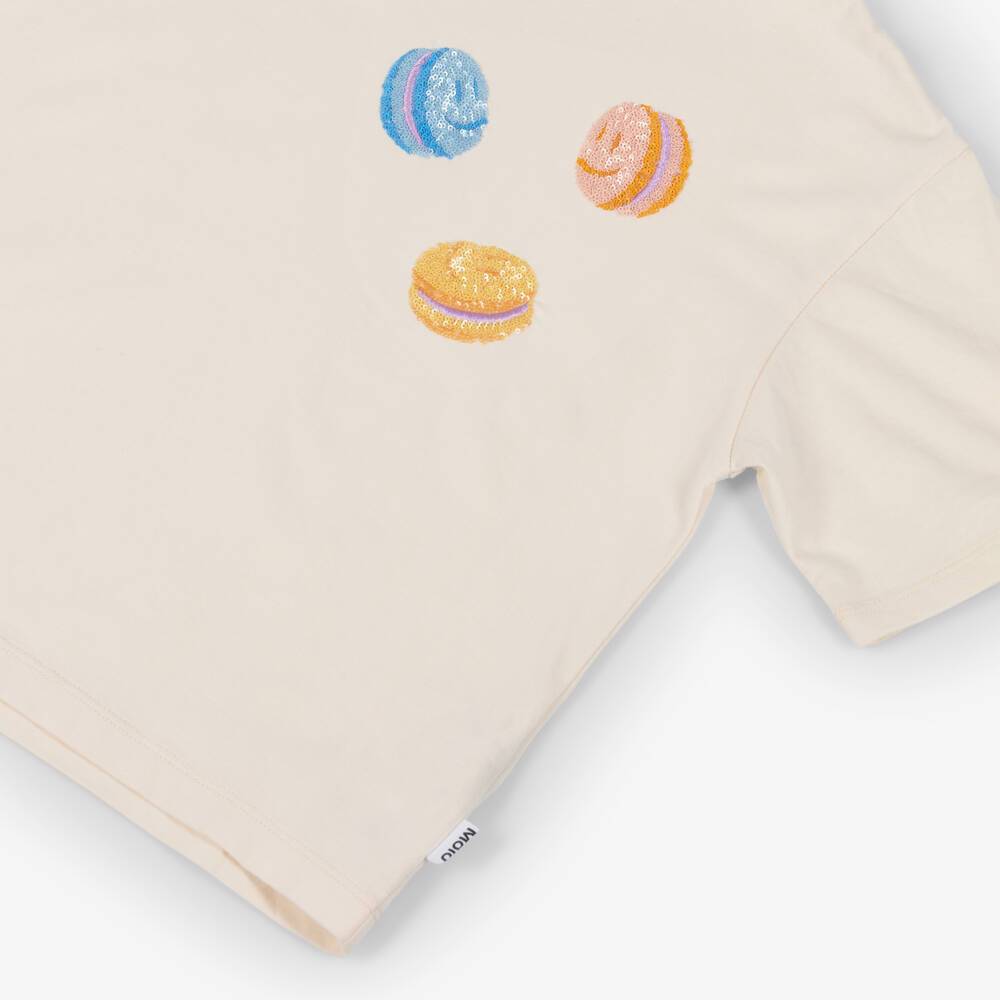 Molo-Girls Ivory Organic Cotton Sequin Macaroon T-Shirt | Childrensalon Outlet
