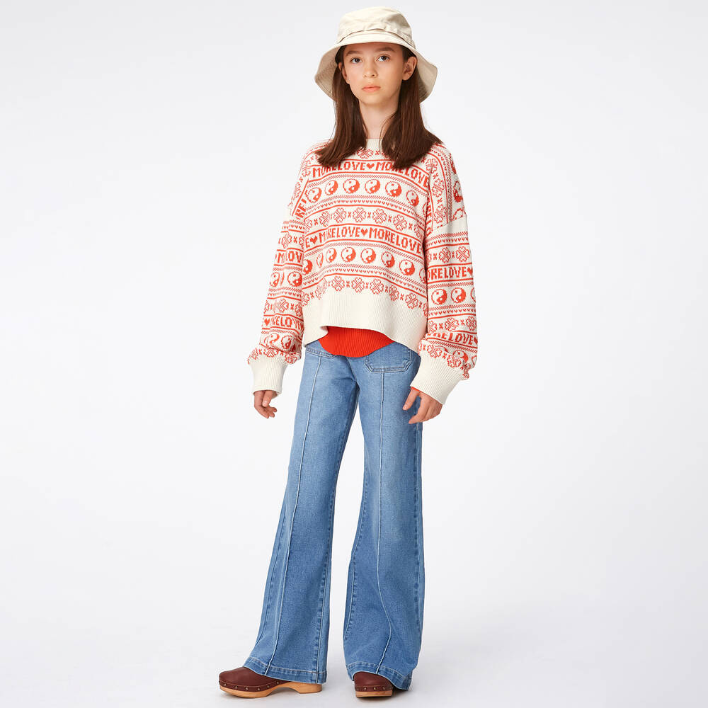 مولو-بلوفر قطن محبوك لون عاجي وأحمر للبنات | Childrensalon Outlet