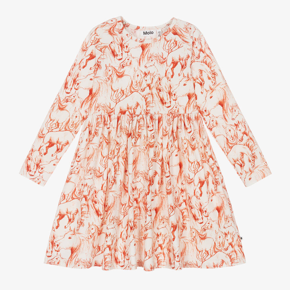 Molo-Girls Ivory & Red Horses Cotton Dress | Childrensalon Outlet