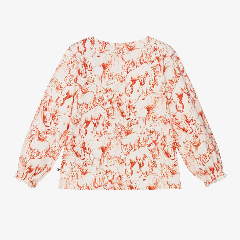 Molo-Girls Ivory & Red Horses Cotton Top | Childrensalon Outlet