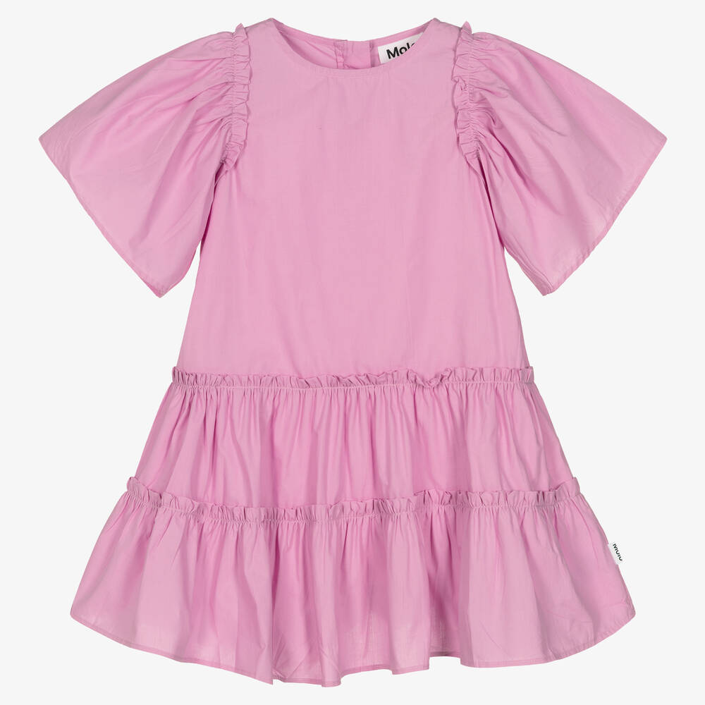 Molo - Girls Lilac Pink Tiered Cotton Dress | Childrensalon