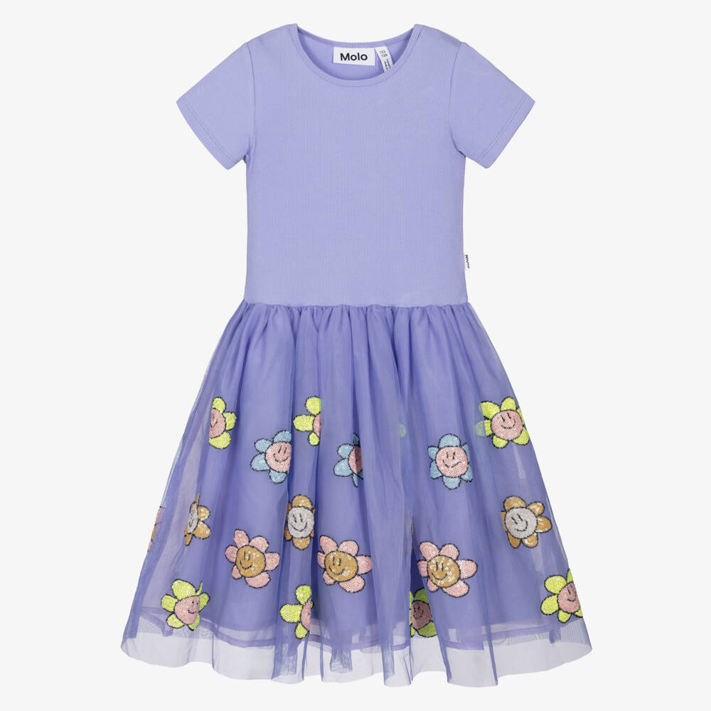 Molo-Girls Lilac Purple Dress with Sequin Flowers | Childrensalon Outlet