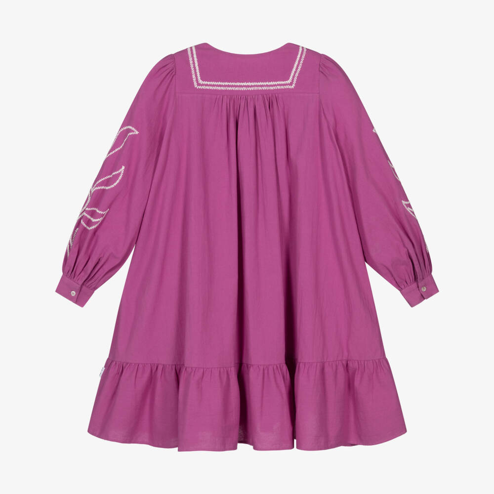 Molo-Girls Magenta Pink Cotton Dress with Floral Embroidery | Childrensalon Outlet