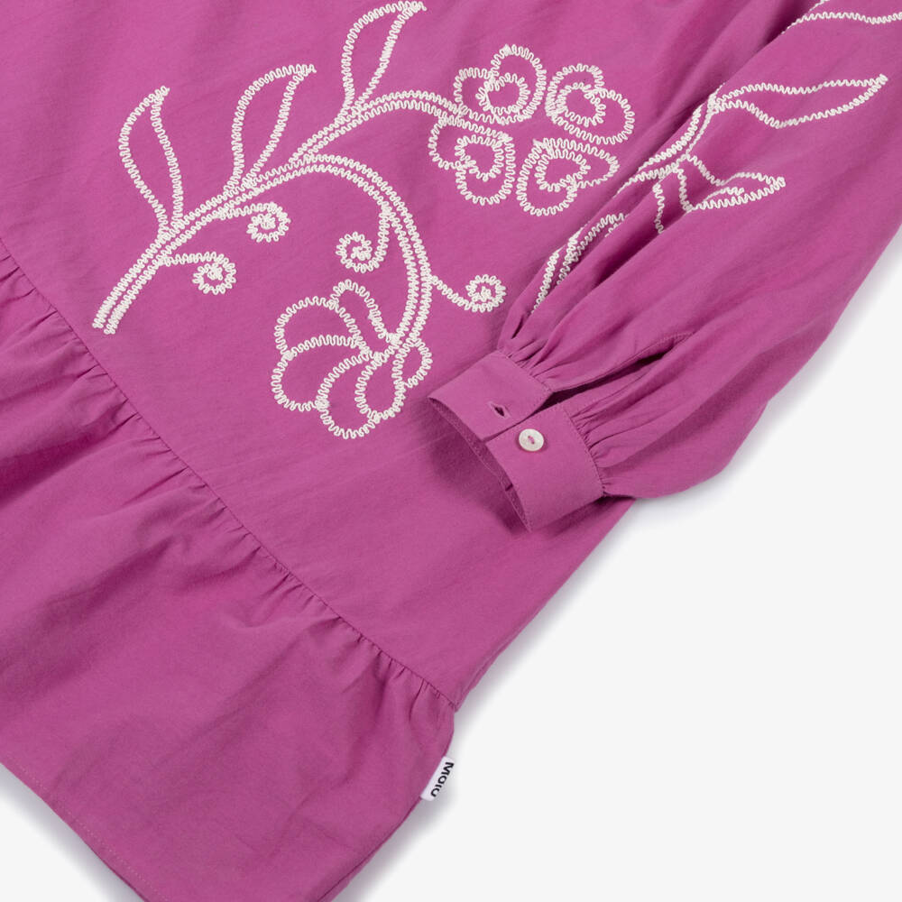 Molo-Girls Magenta Pink Cotton Dress with Floral Embroidery | Childrensalon Outlet