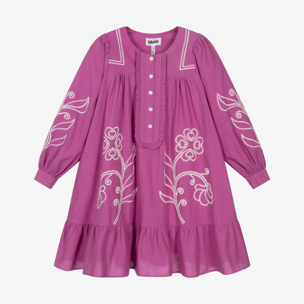 Molo-Girls Magenta Pink Cotton Dress with Floral Embroidery | Childrensalon Outlet