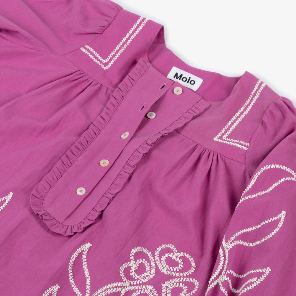 Molo-Girls Magenta Pink Cotton Dress with Floral Embroidery | Childrensalon Outlet