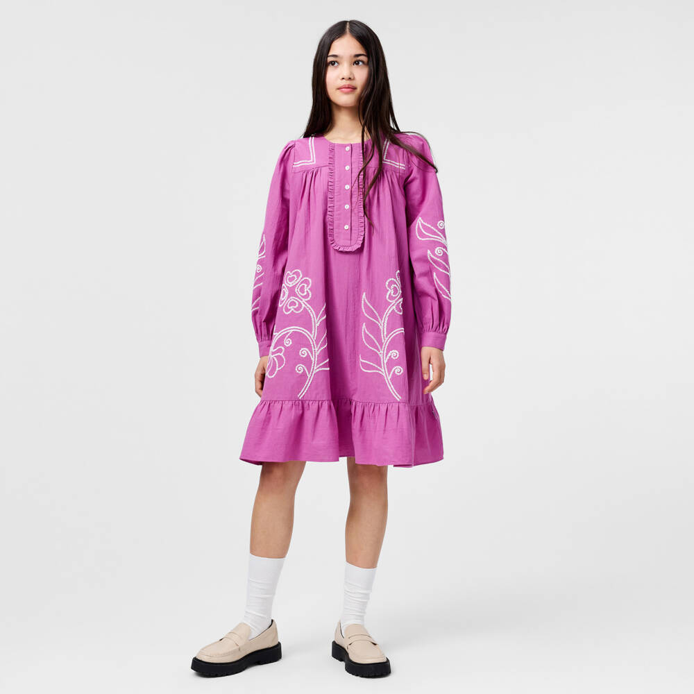 Molo-Girls Magenta Pink Cotton Dress with Floral Embroidery | Childrensalon Outlet