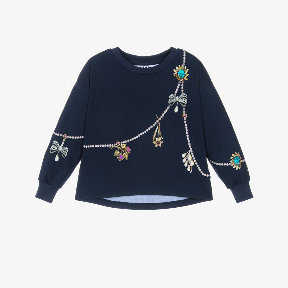 Molo-Girls Navy Blue Charmed Chain Long-Sleeve Top | Childrensalon Outlet