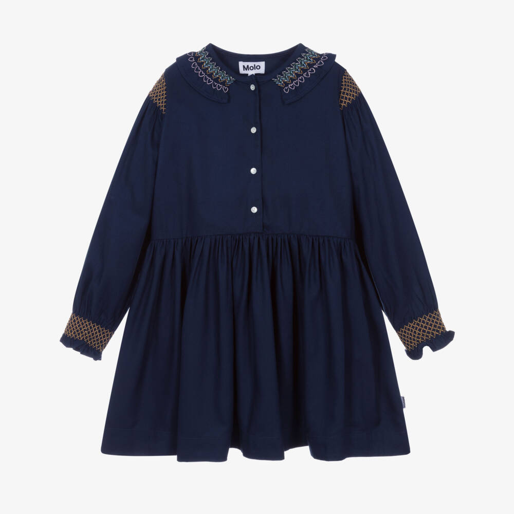 Molo-Платье из синего твила с вышивкой для девочек | Childrensalon Outlet