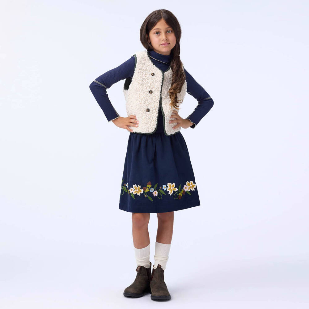 Molo-Girls Navy Blue Floral Embroidered Cotton Twill Skirt | Childrensalon Outlet
