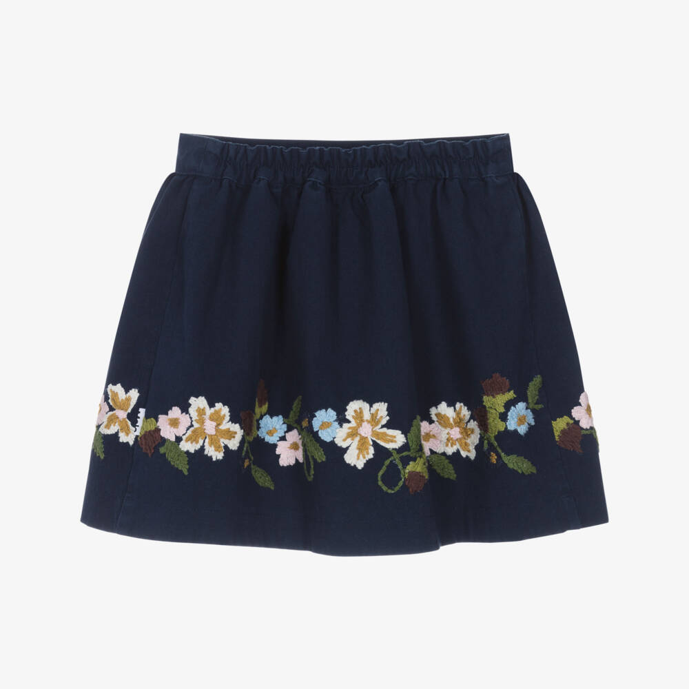 Molo-Girls Navy Blue Floral Embroidered Cotton Twill Skirt | Childrensalon Outlet