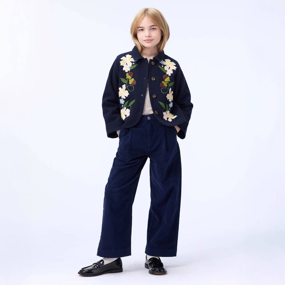 Molo-Girls Navy Blue Wool Embroidered Jacket | Childrensalon Outlet