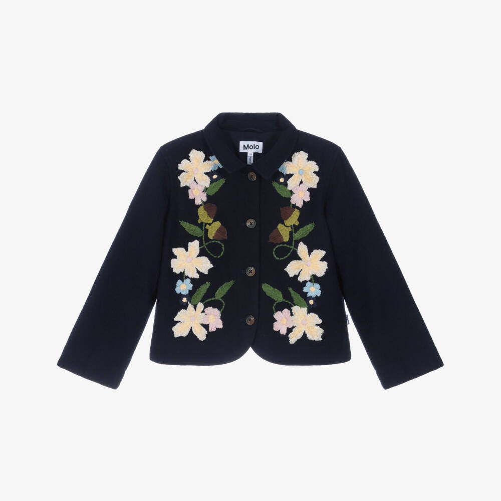 Molo-Girls Navy Blue Wool Embroidered Jacket | Childrensalon Outlet