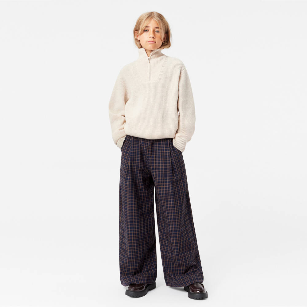 Molo-Girls Navy Check Wide-Leg Trousers | Childrensalon Outlet