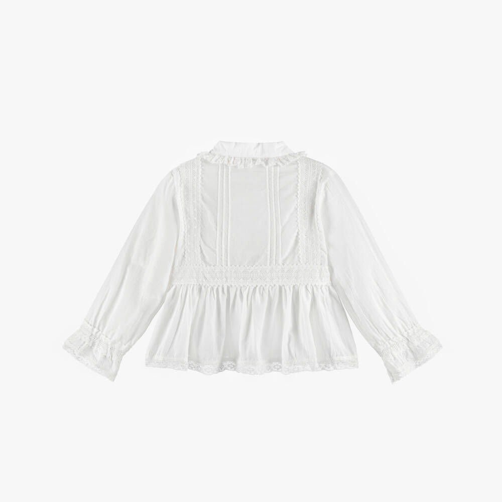 Molo-Girls Off-White Cotton Long Sleeved Blouse with Lace Trims | Childrensalon Outlet