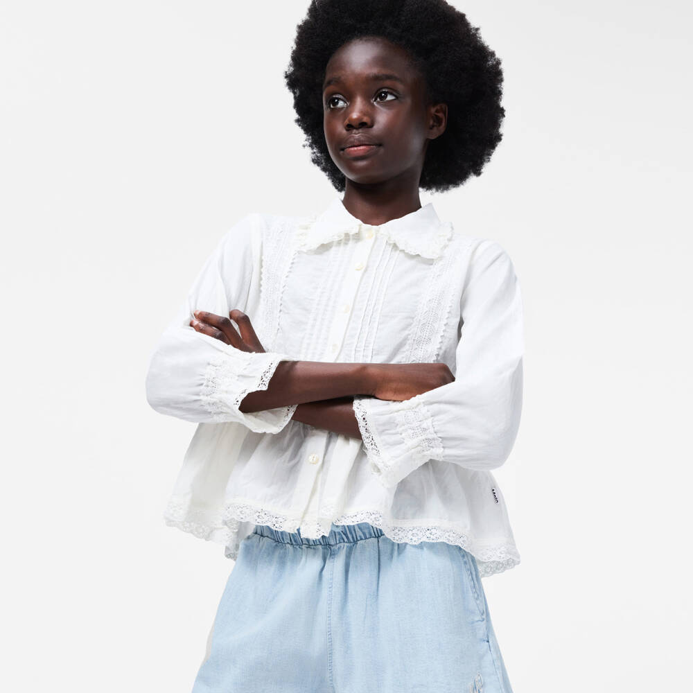 Molo-Girls Off-White Cotton Long Sleeved Blouse with Lace Trims | Childrensalon Outlet