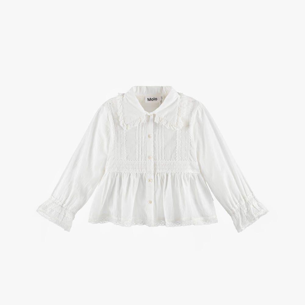Molo-Girls Off-White Cotton Long Sleeved Blouse with Lace Trims | Childrensalon Outlet