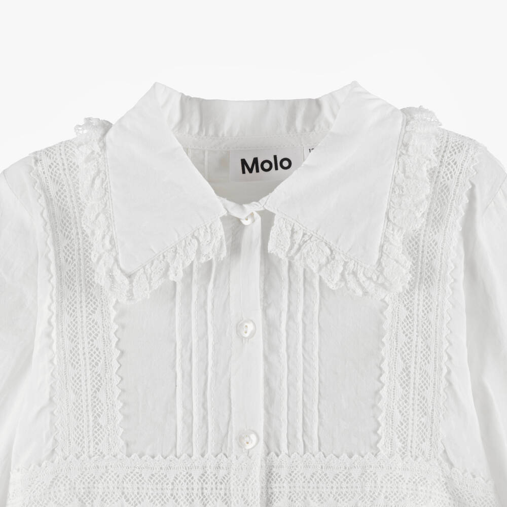 Molo-Girls Off-White Cotton Long Sleeved Blouse with Lace Trims | Childrensalon Outlet