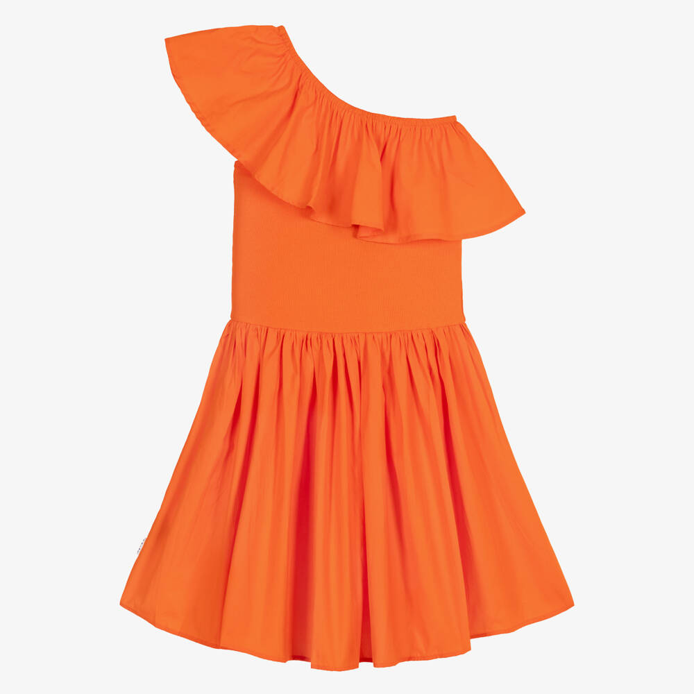 Molo-Girls Orange Organic Cotton One Shoulder Ruffle Dress | Childrensalon Outlet