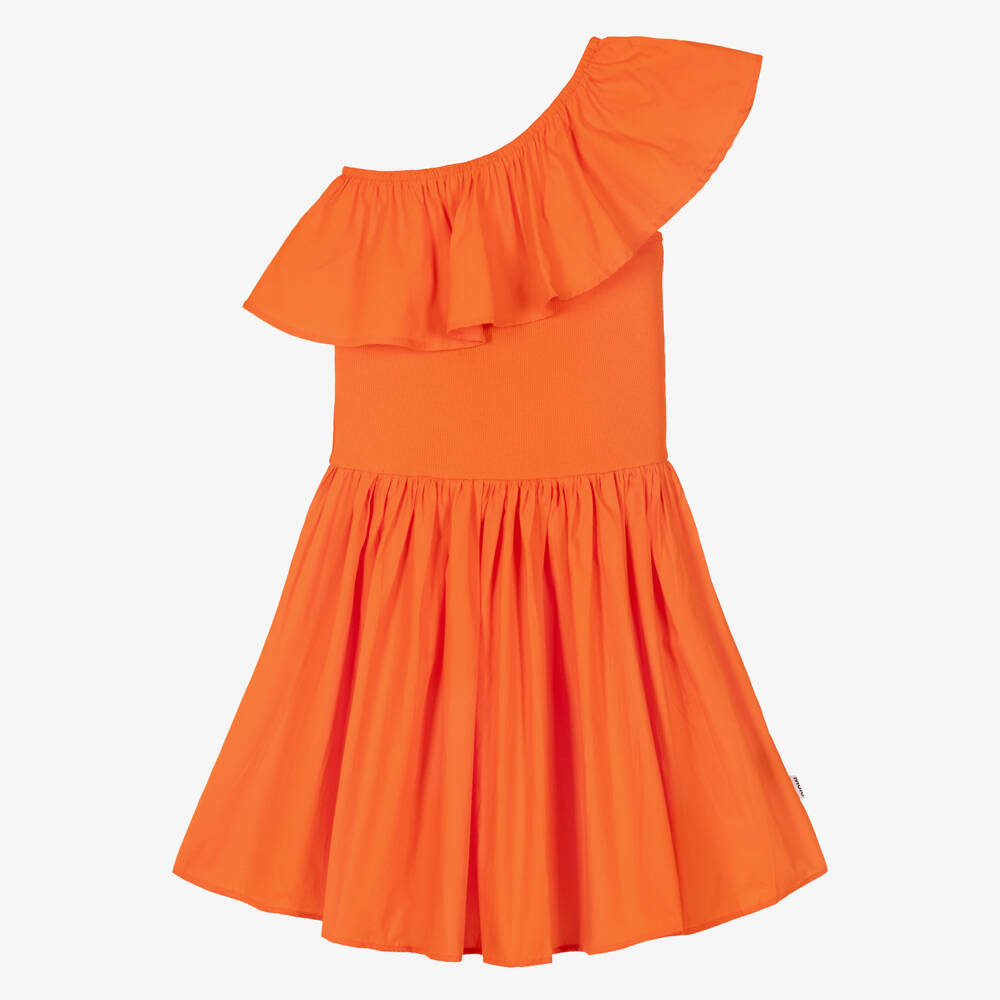 Molo-Girls Orange Organic Cotton One Shoulder Ruffle Dress | Childrensalon Outlet