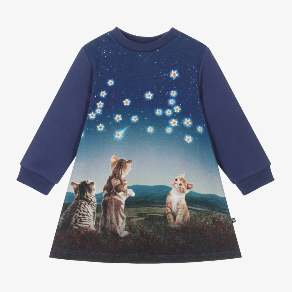 Molo-Girls Organic Blue Kitten Dress | Childrensalon Outlet