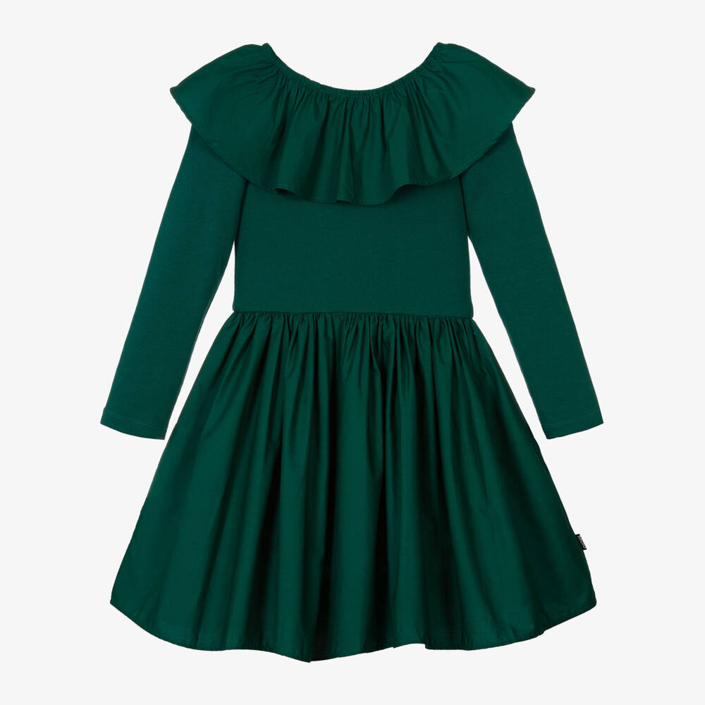 Molo-فستان بكشكش قطن عضوي لون أخضر | Childrensalon Outlet