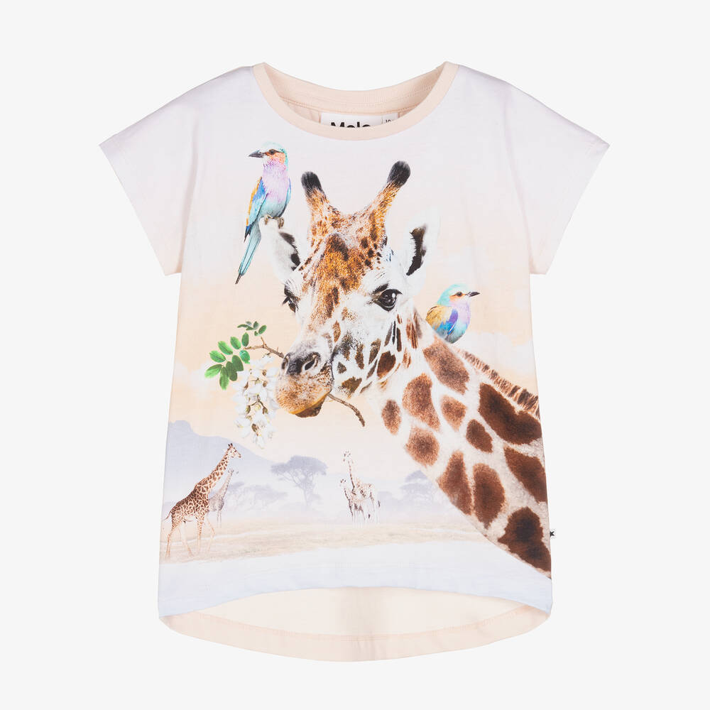 Molo-Girls Pale Pink Giraffe Print T-Shirt | Childrensalon Outlet