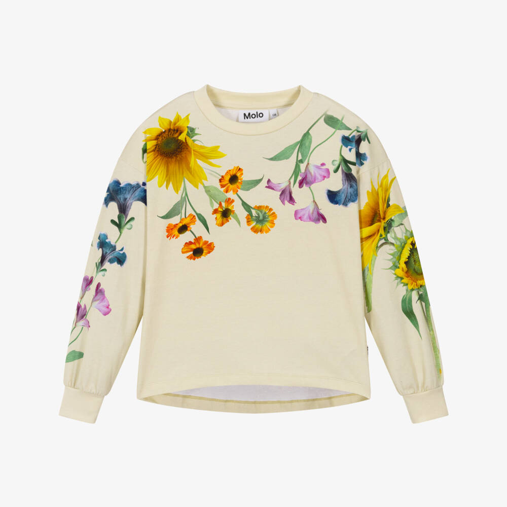 Molo-Girls Pale Yellow Organic Cotton Top with Floral Print | Childrensalon Outlet