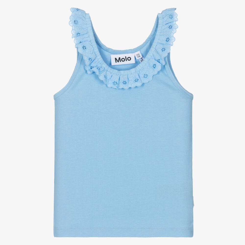 Molo-Girls Pastel Blue Organic Cotton Top with Floral Lace Trim | Childrensalon Outlet