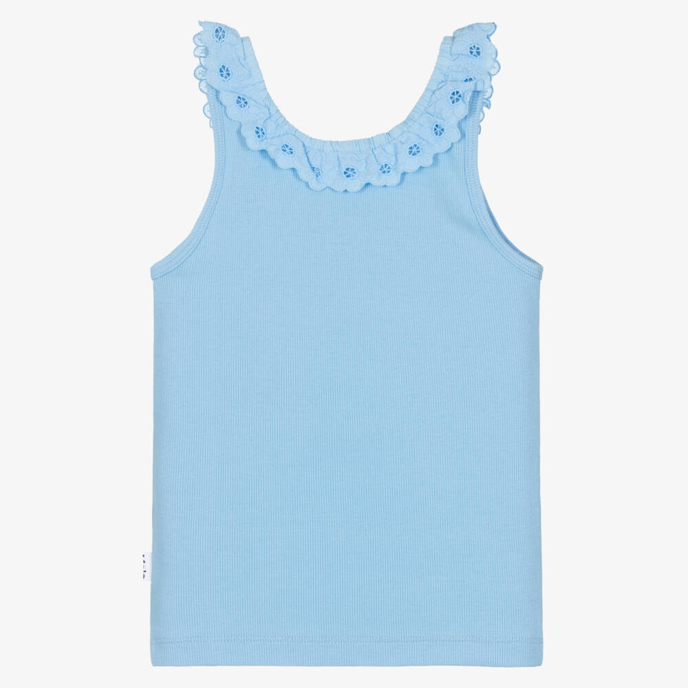 Molo-Girls Pastel Blue Organic Cotton Top with Floral Lace Trim | Childrensalon Outlet