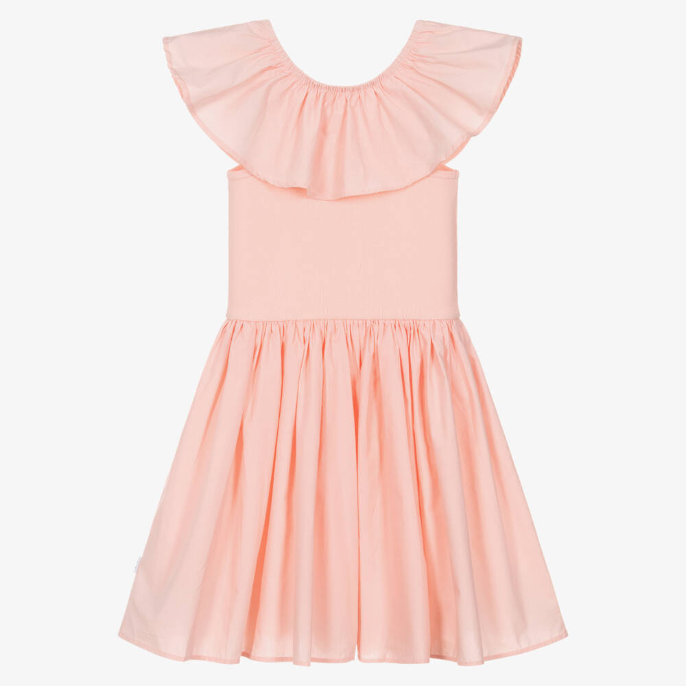 Molo-Girls Peach Pink Organic Cotton Ruffle Shoulder Dress | Childrensalon Outlet