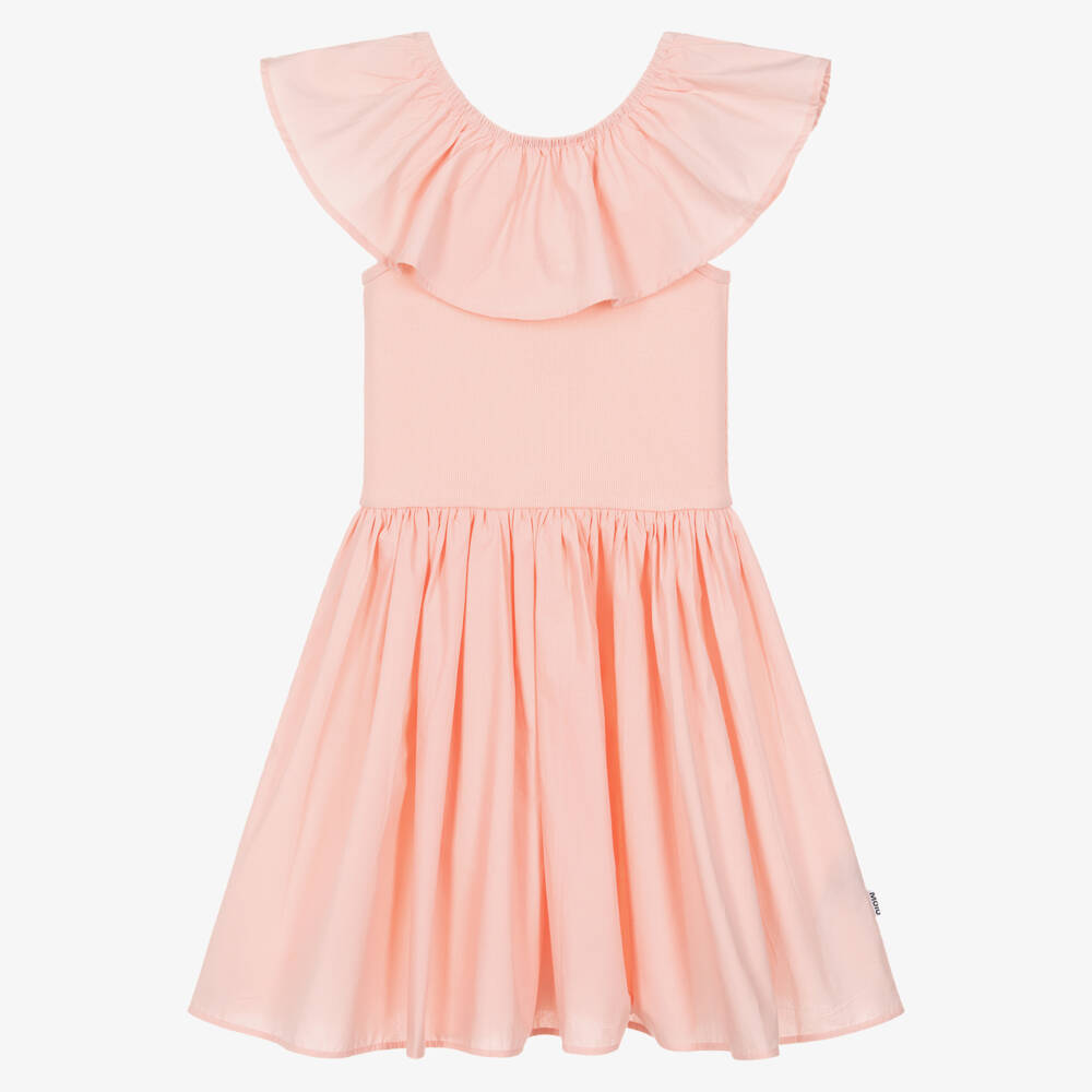 Molo-Girls Peach Pink Organic Cotton Ruffle Shoulder Dress | Childrensalon Outlet