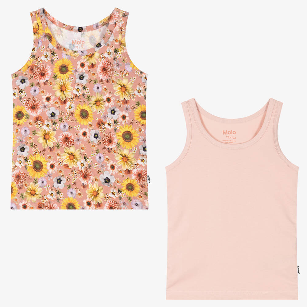 Molo - Girls Pink Cotton Floral Vests (2 Pack) | Childrensalon