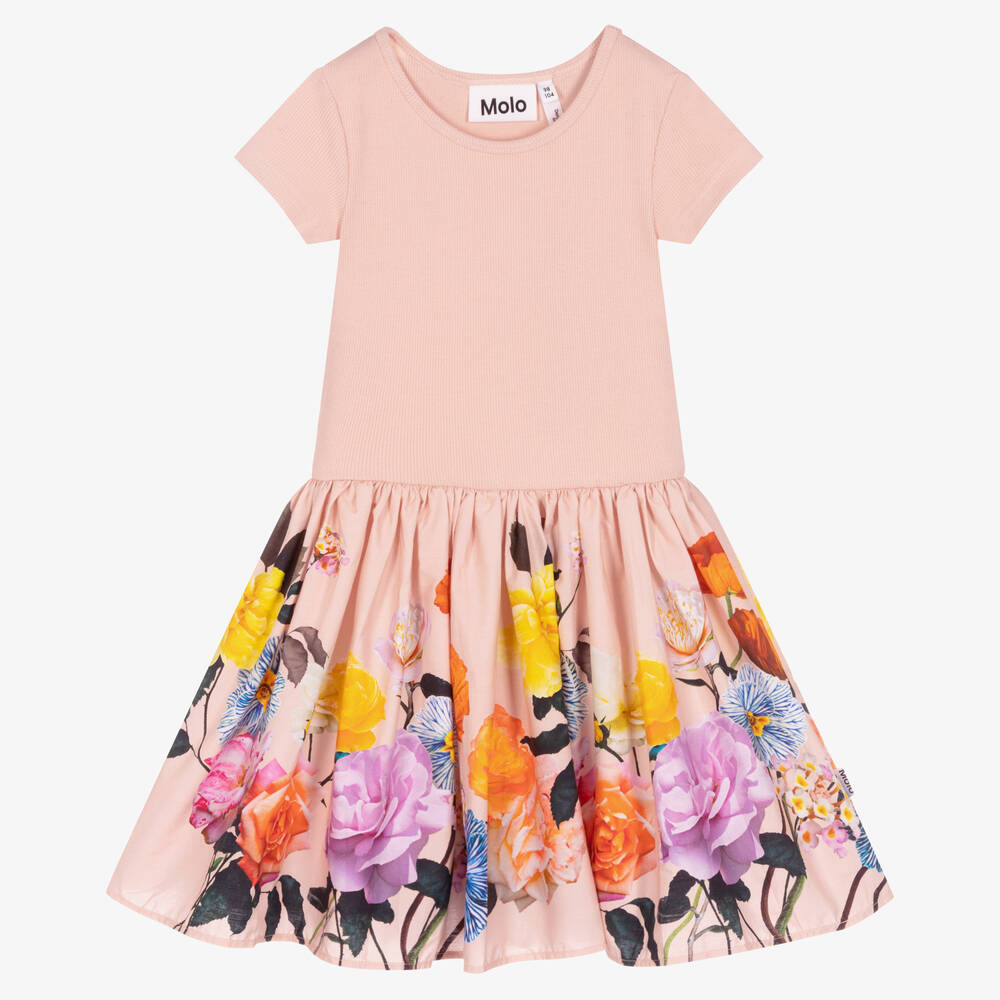 Molo-Girls Pink Cotton Flower Print Dress | Childrensalon Outlet