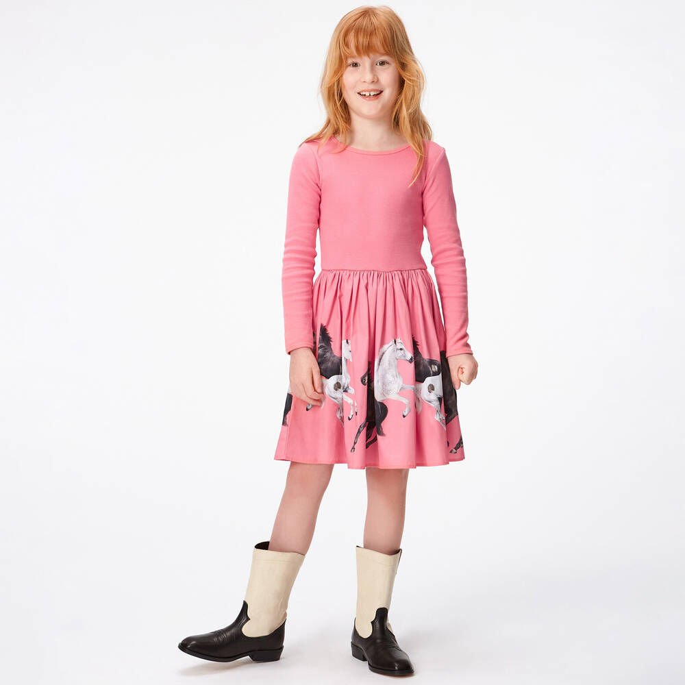 Molo-Girls Pink Cotton Horses Dress | Childrensalon Outlet