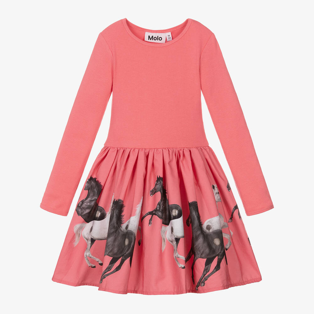 Molo-Girls Pink Cotton Horses Dress | Childrensalon Outlet