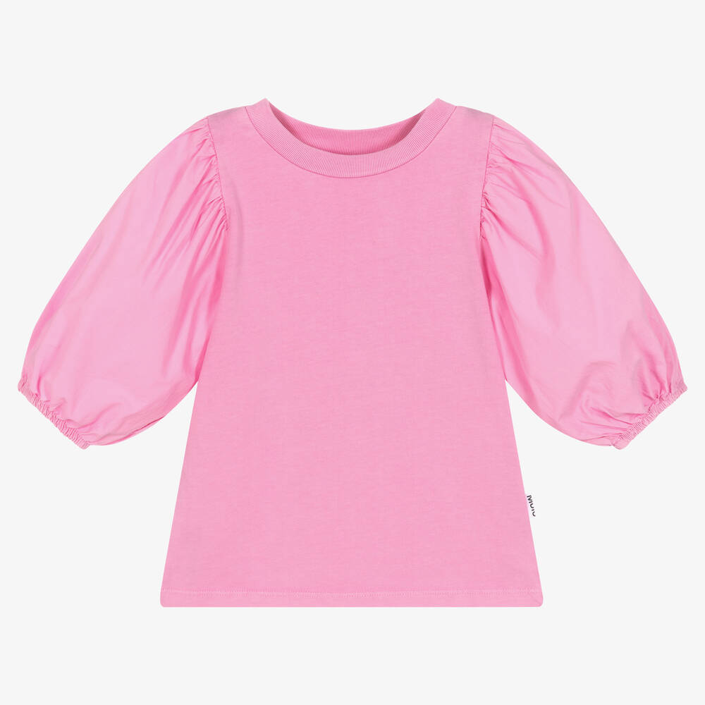 Molo - Girls Pink Cotton Puff Sleeve Top | Childrensalon