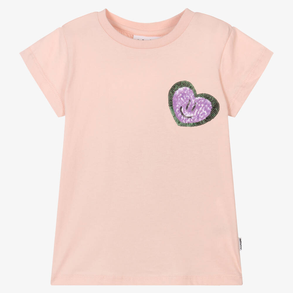 Molo - Розовая хлопковая футболка с сердцем из пайеток  | Childrensalon